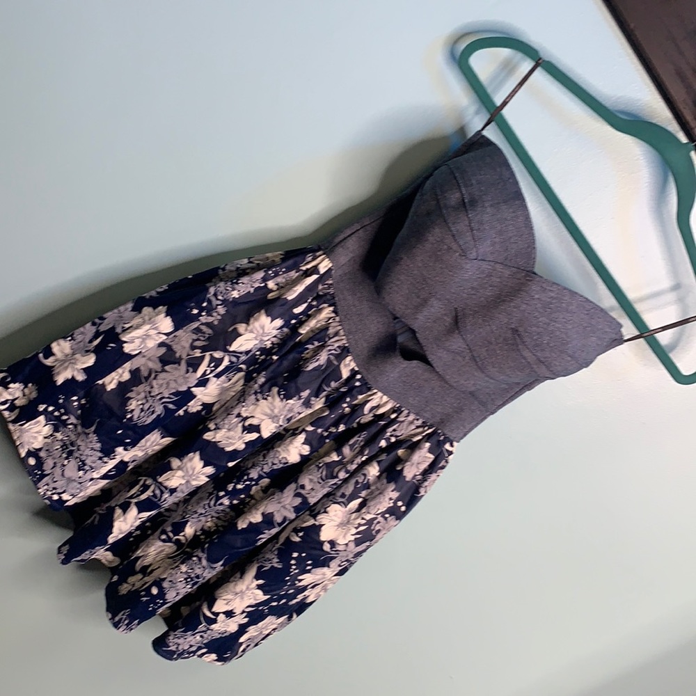 Denim, blue and white floral mini dress with petti coat and zip in back
